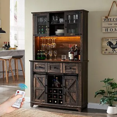  72'' Farmhouse Coffee Bar Cabinet Sliding Barn Door Rustic Oak • $392.63