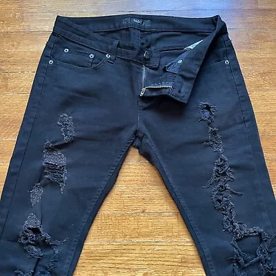 Moonage Devilment MaD Jeans Mens 30x29 Black Distress Skinny Goth Rocker Biker • $17.95