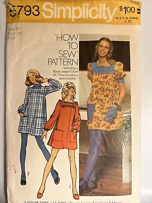 SIMPLICITY 1973 Pattern 5793 MINI DRESS Sz 12 Bust 34 Smock Dress With Pockets • $11.75