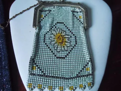 Vintage Whiting & Davis El-Sah Light Blue Daisy Enamel Mesh Purse.  As Is • $125