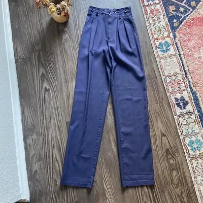 VINTAGE 80S 90S NAVY BLUE HIGH WAIST PLEATED TROUSER PANTS Size 3 / 23 In • $20