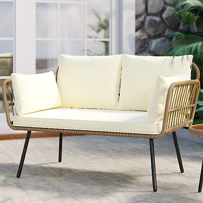 Patio Sofa All-Weather Outdoor Furniture Wicker Rattan Loveseat Couch W/ Cushion • $136.99