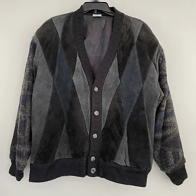 Signe Incognito Vintage Men’s Leather/Polyester Cardigan Sweater Jacket Bk/Gy XL • $49.99