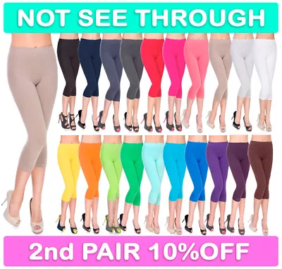 Womens Cropped 3/4 Length Leggings Soft Cotton Active Wear Capri Pants Size 8-30 • $8.70