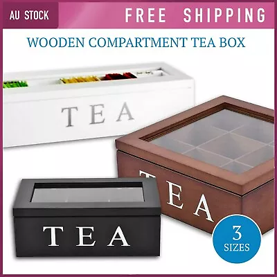 Wooden Tea Box Compartment Tea Bag Chest Box Storage Organizer Glass Lid 3 Sizes • $32.95