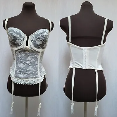 Vintage Ivory Corset Bustier W/ Garter Belt 38C Jezebel Renee Hollywood 6960 • $36