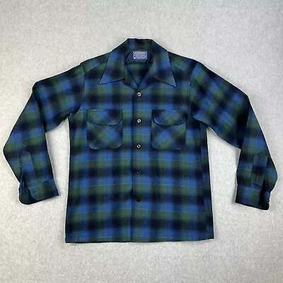 Pendleton Board Shirt Mens Small Blue Plaid Virgin Wool Made USA Loop Collar 60s • $71.99