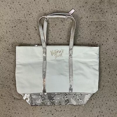 New VICTORIA’S SECRET Ivory Sequin Sparkle Tote Purse SHOULDER BAG Beach Travel • $19.95