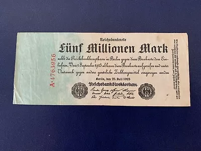 1923 German 5 Million Mark Banknote-very Good • $9