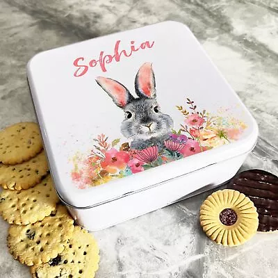 Watercolour Pink Easter Rabbit Personalised Gift Cake Biscuits Sweets Treat Tin • £14.41