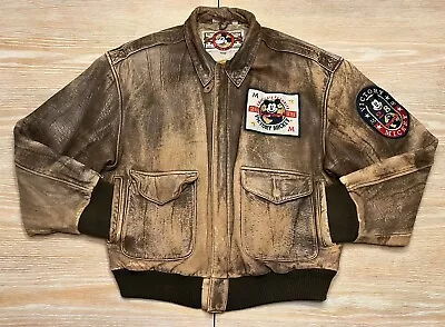 Vintage 90s Disney Victory Mickey Mouse Brown Leather Bomber Jacket LARGE Rare • $253.91