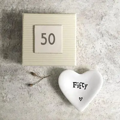 East Of India 'Fifty' White Porcelain Mini Heart Dish Gift - 50th Birthday Gift • £5.25