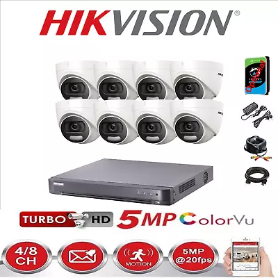 Hikvision CCTV 4K DVR 5MP ColorVu Dome White Camera  IP67 20M SURVEILLANCE KIT • £139