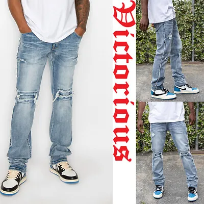 Victorious Men's Stacked Fit Raw Edge Distressed Denim Jeans  DL1483EY • $42.95