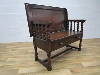 Antique Oak & Inlaid Folding Top Wood Monks Bench Settle Pew With Centre Draw   • £200