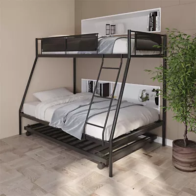 Modern Twin Over Full Bunk Bed With Trundle Metal Bunk Bed Frame With Wood Slat • $272
