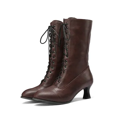 Vintage Women Lace Up Chunky Mid Calf Boots Pumps Pointed Toe Shoes Cosplay • $50.39
