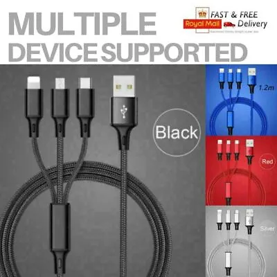 £3.49 • Buy Universal 3 In 1 Multi USB Cable Fast Charger Type C Lead For IOS, Nylon Braided