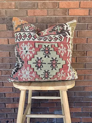 Turkish Kilim Pillow Cover Throw Pillow Made Of Vintage Handwoven Rug 20x20 Pink • $15
