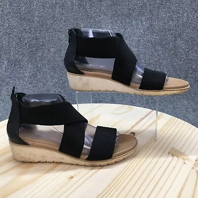 MIA Sandals Womens 9 Casual Back Zip Open Toe Ankle Strappy Black Fabric Wedge • $22.99