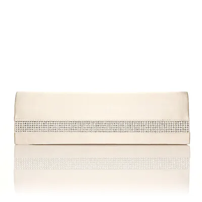 £9.99 • Buy New Laides Satin Diamante Clutch Bags Slim Large Encrusted Occasion Colours
