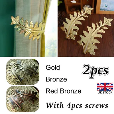 2X Leaf Shaped Curtain Tie Back Hold Backs Holder Wall Mounted Hooks Gold Bronze • £11.95
