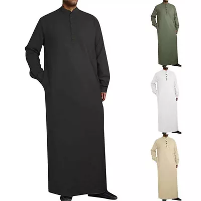 Men Islamic Muslim Jubba Robe Abaya Tunic Dress Clothes Long Sleeve Shirts Maxi • £15.88