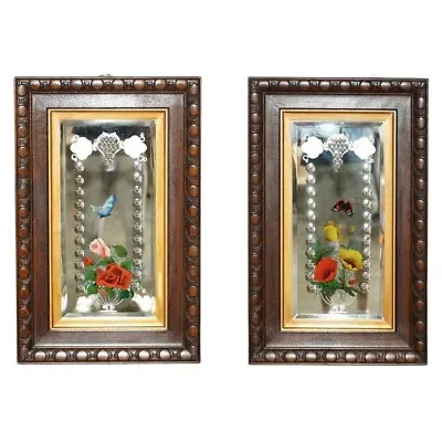 Unique Pair Of Antique Italian Venetian Carved Reverse Painted Bird Mirrors • £1350