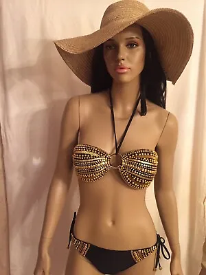 Forever Unique Black Bikini Embellished Gold Gems Beads Rare Top And Bottoms New • £69.99