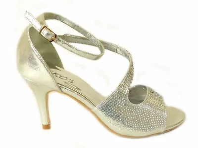 Womens Ladies Diamante High Heel Prom Shoes Wedding Bridal Evening Sandals Size • £7.99