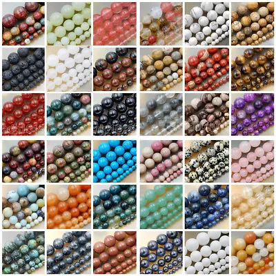 Natural Gemstone Smooth Round Loose Beads 15   4mm 6mm 8mm 10mm 12mm • $7.99