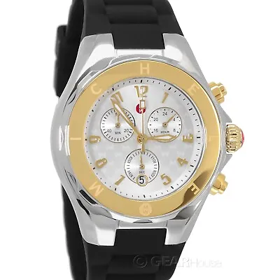 MICHELE Jelly Bean Womens 18K Gold Chronograph Watch Silver Dial Black Silicone • $216.80