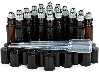 24 Pk Amber 10 Ml Glass Roll-on Bottles  Stainless Steel Roller + 3 Droppers • $15.95