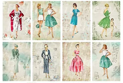 Set Of 8 Vintage Retro Ladies Fashion 50's Collage Cotton Fabric Blocks • $12.95