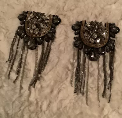 Blazer Epaulet Fringed Tassel Grey And Clear Shoulder Epaulette Brooch 1 Pair • $19.99