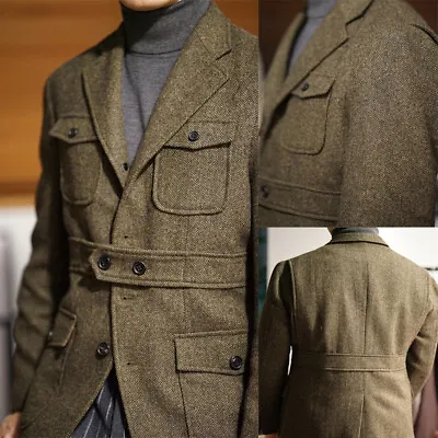 Fashion Tweed Safari Jackets Hunting Coats Herringbone Men's Causal Wear Suits • $71.29