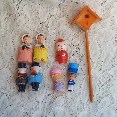 8 Vintage Miniature Craft Pieces Plastic People Wooden Santa Tiny Birdhouse  • $12.99