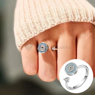 Silver Evil Eye Adjustable Fidget Spinner Anxiety Ring 18K White Gold Plated 1x • £4.99