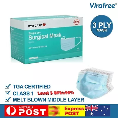 BYD　Brand New　Surgcal Face Mask Protective Mask Disposabl 50 Pcs -TGA Certified • $14.39