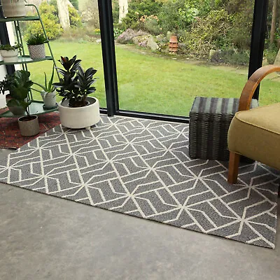 Grey Geometric Flatweave Rug Modern Recycle Cotton Living Room Hall Runner Rugs • £23.95