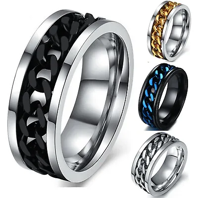 Men's Anxiety Spinner Ring Stainless Steel Curb Chain Wedding Band Comfort Fit • $14.25