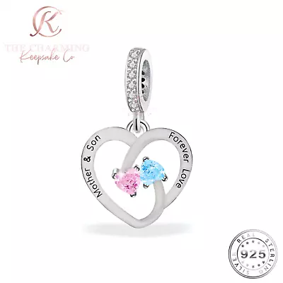 Mother & Son Heart Dangle Charm Genuine 925 Sterling Silver - Forever Love • £16.99