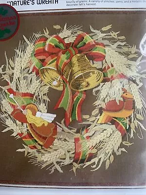 Nature's Christmas Wreath Vintage Crewel Kit Sunset NIP 16x16 Gerrish • $18