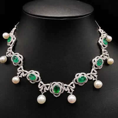 HUGE SET 40.11 TCW Zambian Emerald Pearls & Diamond 14K White Gold Over Necklace • $349.99