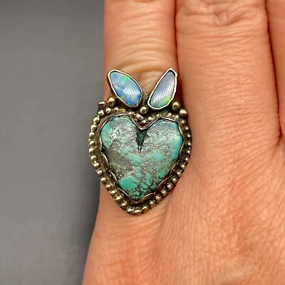 Vintage Southwestern Opal Turquoise Heart Sterling Silver Ring Size 6.75 • $235