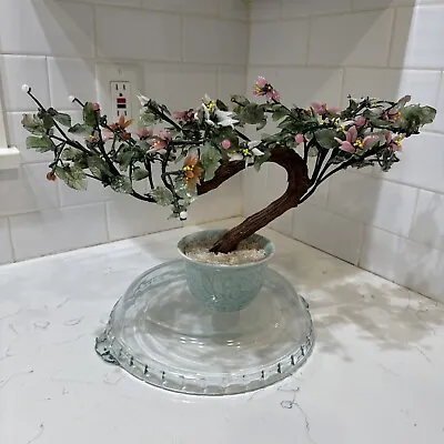 Vintage Chinese Jade Bonsai Tree Quartz Stone Glass Tabletop Home Decorative • $49.90