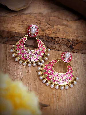 Gold Plated Earrings Indian Bollywood Meenakari Kundan Pink Chandbali Jumka • $14.99