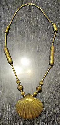 Vintage Retro Brass Sea Shell Pendant Runway Statement 28  Long Bead Necklace! • $35