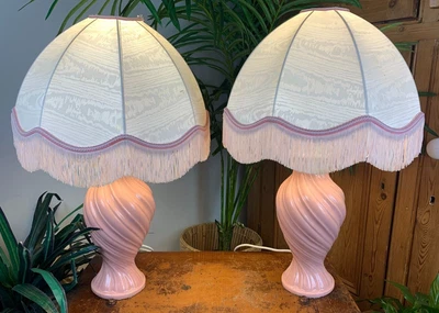 £49.99 • Buy Pair Of Vintage Victorian Style Pink Ceramic Bedside Table Lamps Fringed Shades