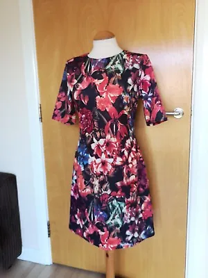 Ladies Dress Size 12 Floral A Line Stretch Party Evening Red Tones • $21.46